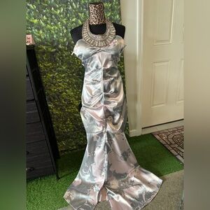 Elegant Silver Satin Evening Gown 97
